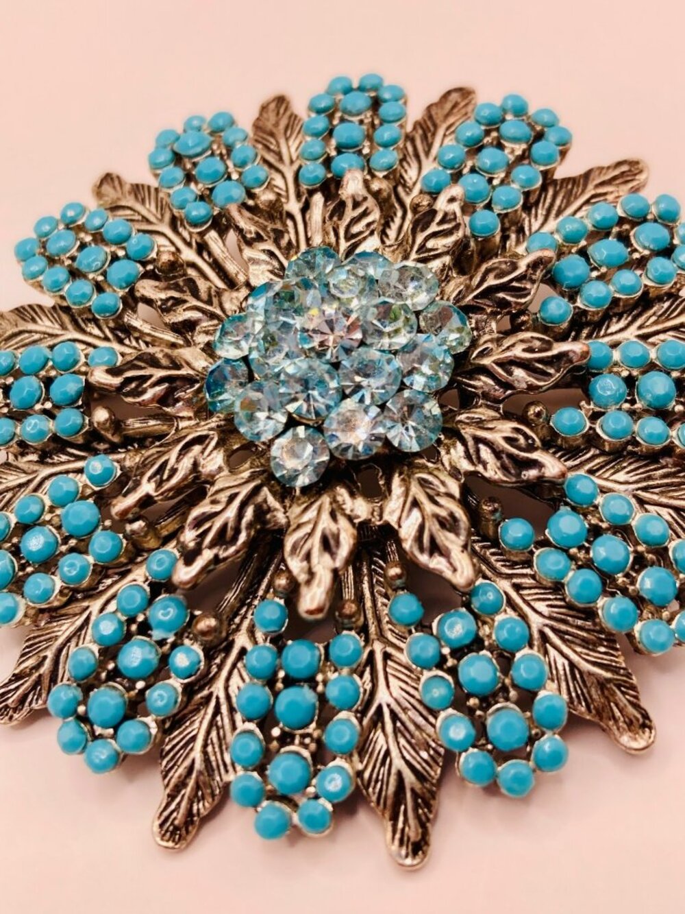 Vintage Floral Brooch Pin Faux Turquoise -49B